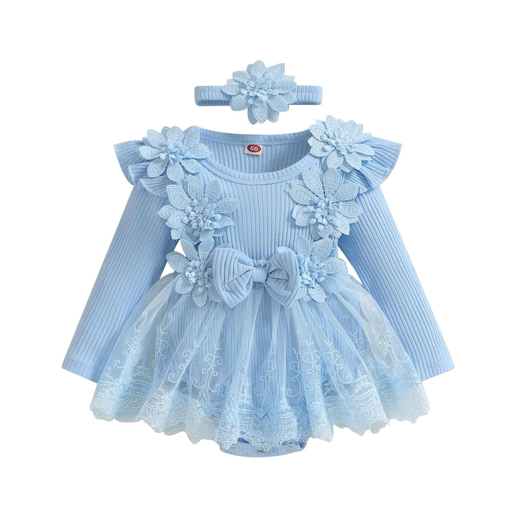 Covvoliy Baby Girl Tulle Birthday Party Princess Dress Long Sleeve Lace Flower Tutu Romper Dress Newborn Fall Clothes (Blue 0-3 Months)