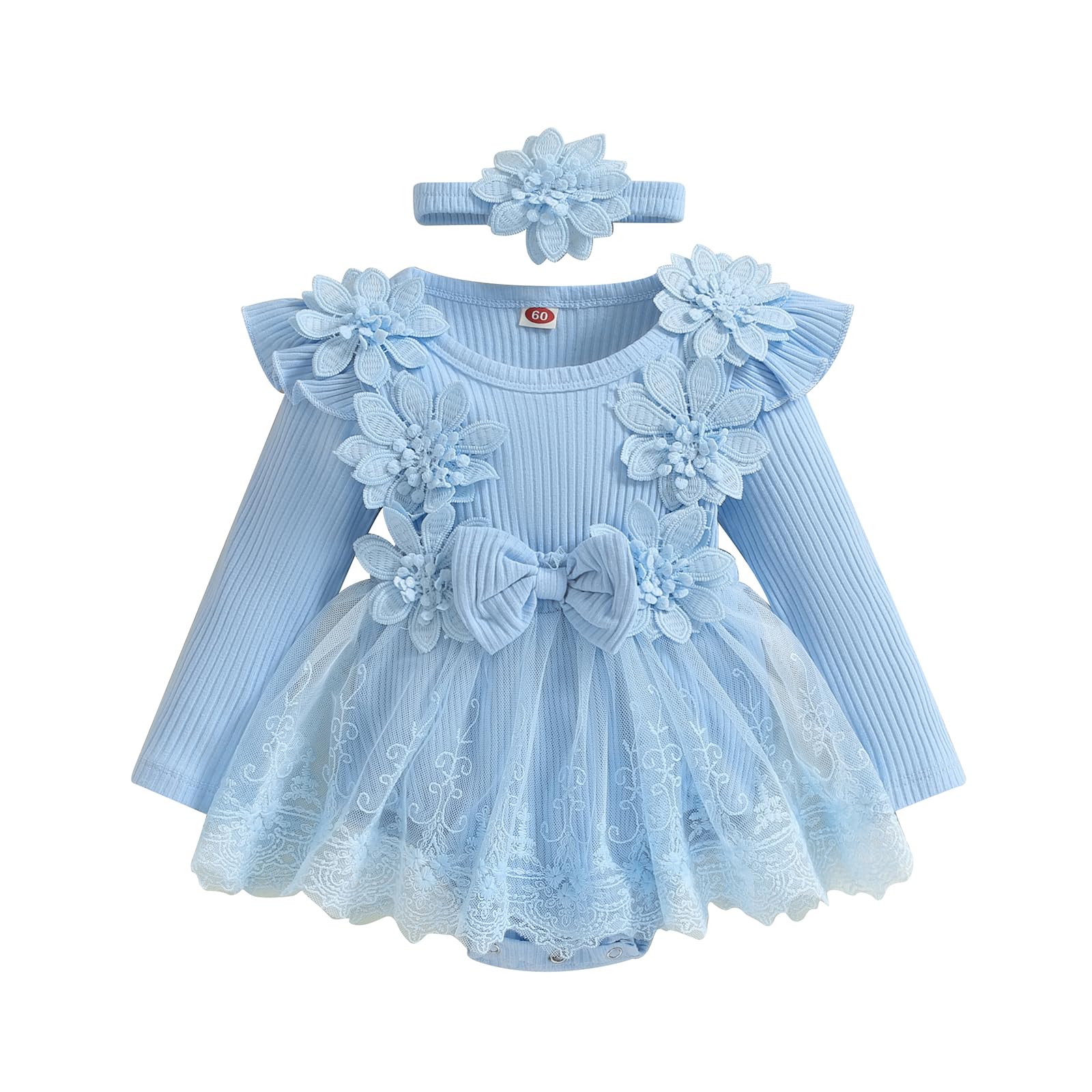 Covvoliy Baby Girl Tulle Birthday Party Princess Dress Long Sleeve Lace Flower Tutu Romper Dress Newborn Fall Clothes (Blue 0-3 Months)
