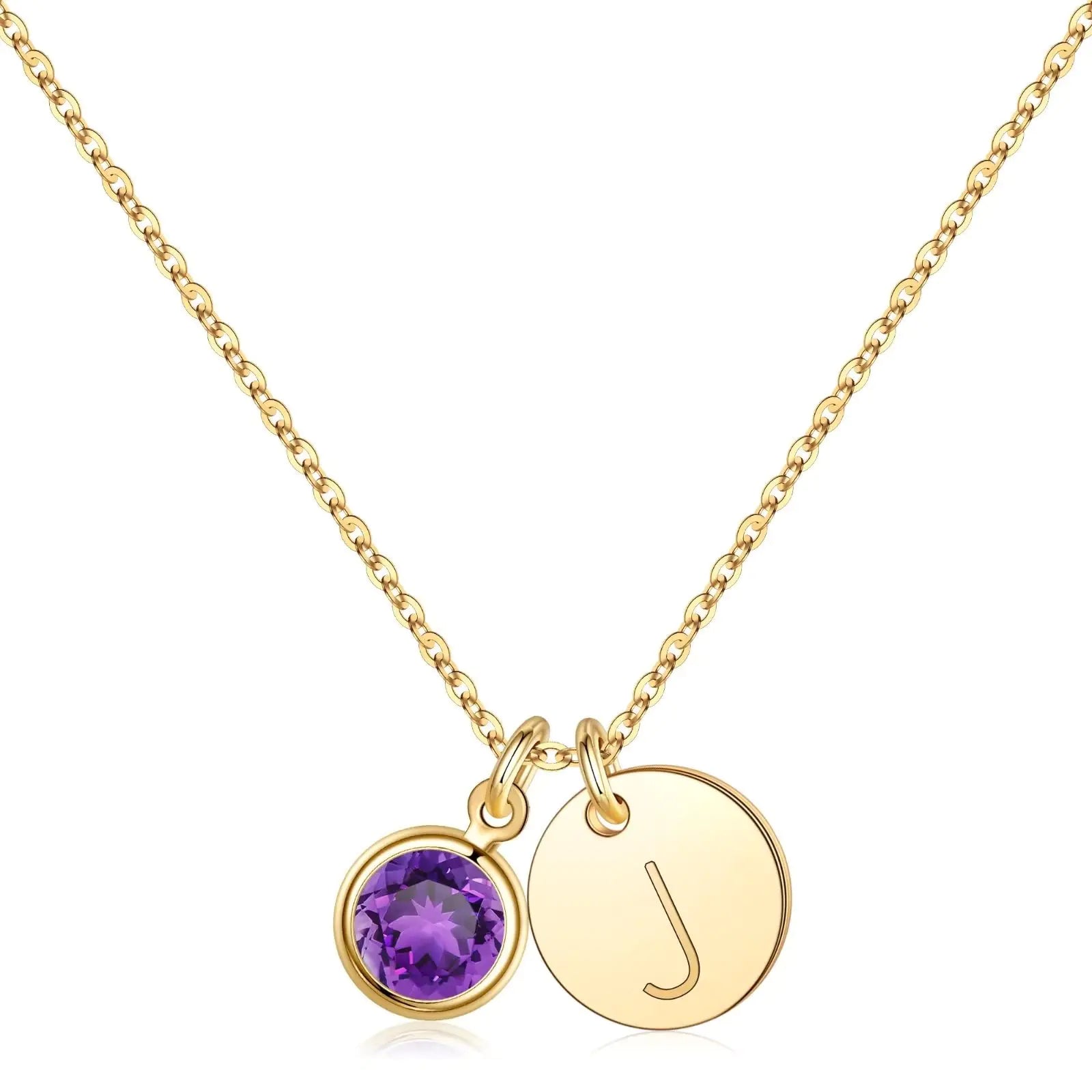 Hidepoo Initial Birthstone Necklace for Women 14K Gold Plated Disc Initial J Necklace Amethyst Birthstone Disc Initial Pendant Necklace February Birthstone Jewelry Necklaces for Women