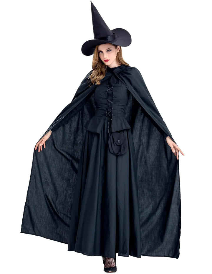 GRAJTCIN Wicked Witch Costume for Women Halloween Deluxe Witchy Dress Adult Long Sleeves Witch Outfit with Cape Classic Black - S