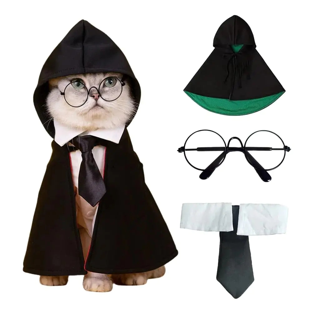 Ginkago Dog Cat Halloween Costumes Cape Pet Witch/Wizard Costume Cloak for Halloween Party Cosplay Photo Prop with Glasses and Tie