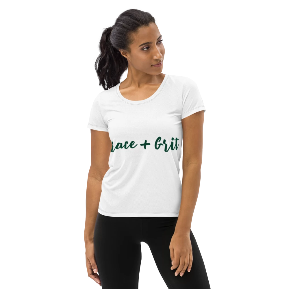 All-Over Print Women's Athletic T-Shirt "Grace + Grit" slogan