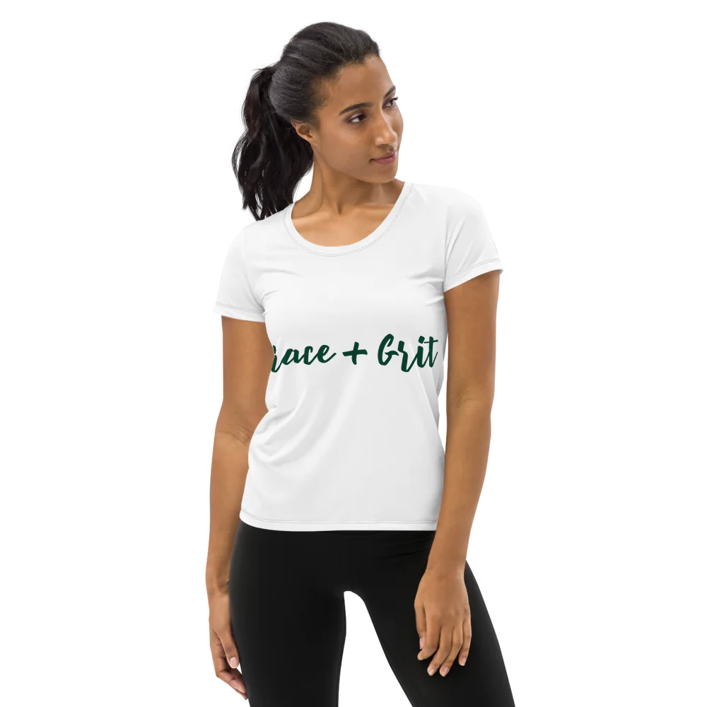 All-Over Print Women's Athletic T-Shirt "Grace + Grit" slogan
